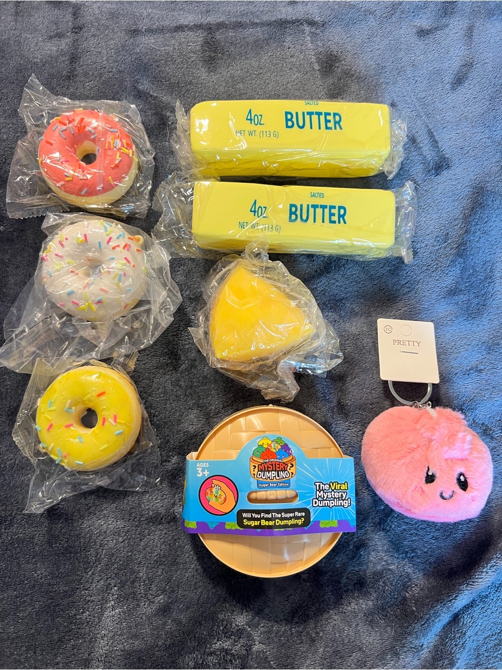8 Piece Squishy Toy Lot Mystery Dumpling, Cheese, Butter,Scented Donut Squishies